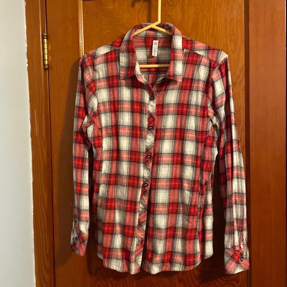 💜💜 Ladies INDIGO Red Plaid Flannel ButtonUp Shirt Size L